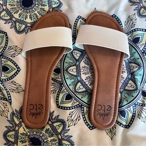 White and Brown Leather Slide Sandals with Wide Strap